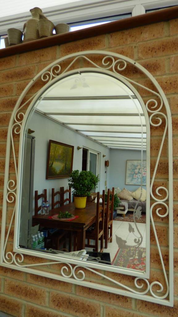 Large Vintage Retro Etched 1950s Arch Top Wrought Iron Scroll Wall Mirror 92 cm