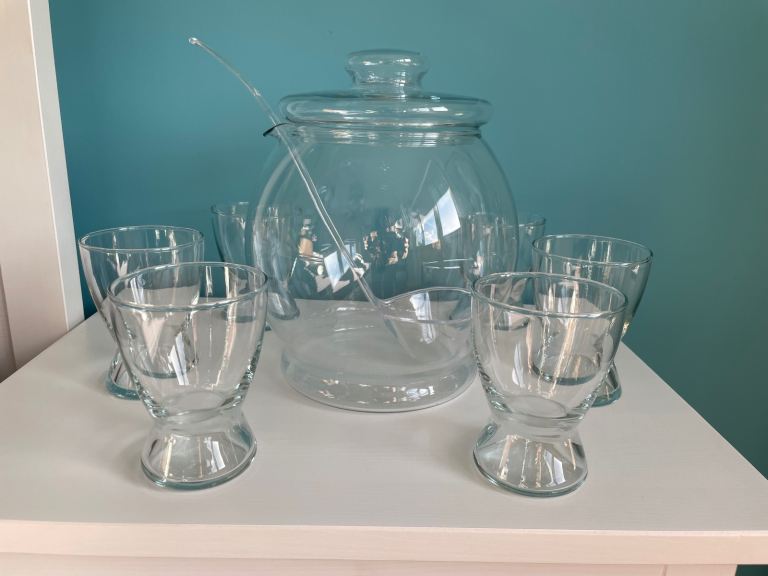 Punch Bowl, glasses and ladle