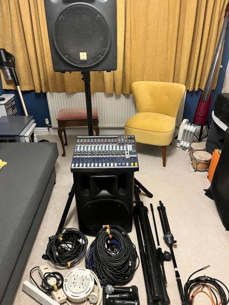 PA System – 12 channel Soundcraft Mixing Desk, 2x 300W Active Speakers, Mics & accessories