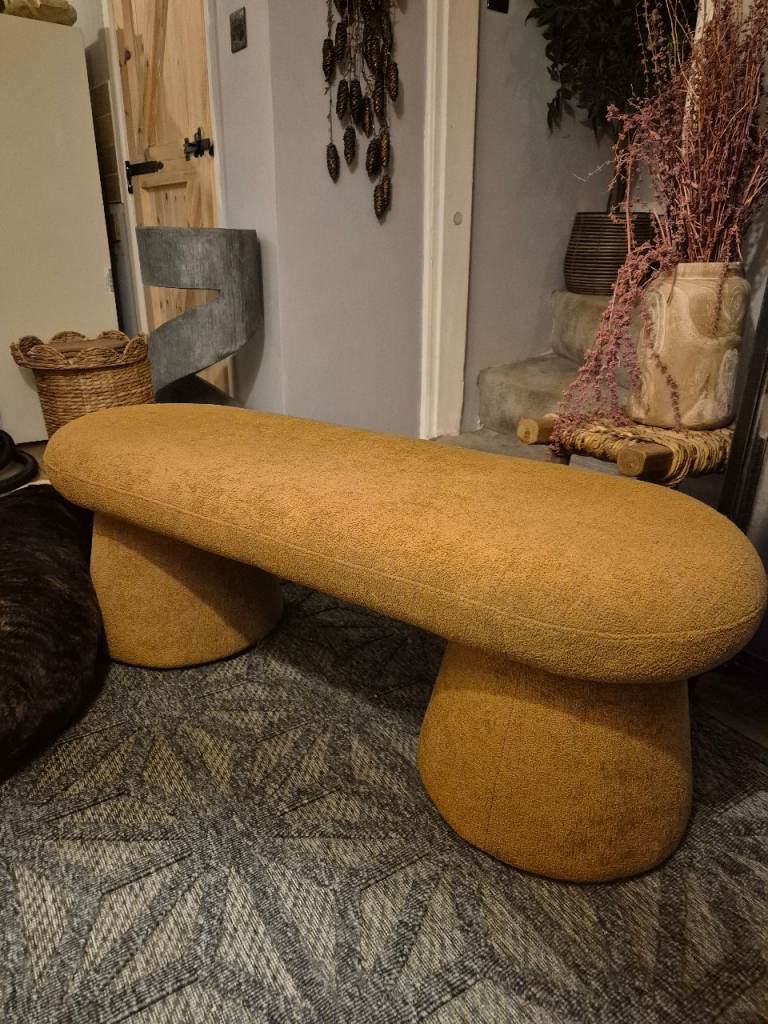 Pair of terracotta soft boucle benches. 