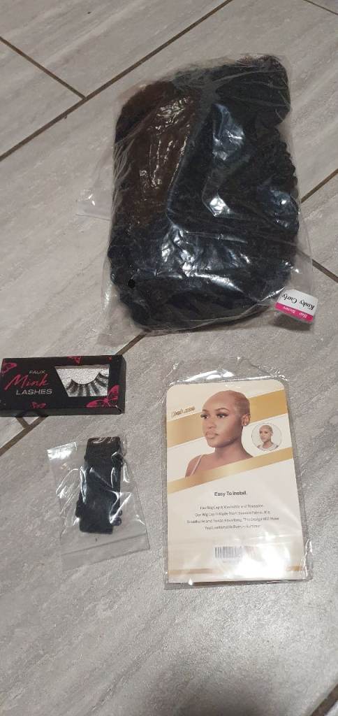 100% human hair (kinky curly) with cap, strap and lashes