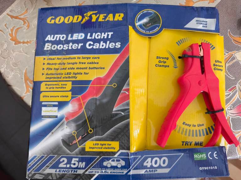 Goodyear brand automatic LED light booster cables with a 400-amp capacity. 