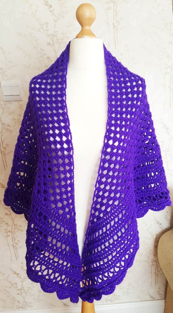 Granny Square Purple Shawl. Handmade Crochet Shoulder Wrap. Oversized Knitted Chunky Scarf