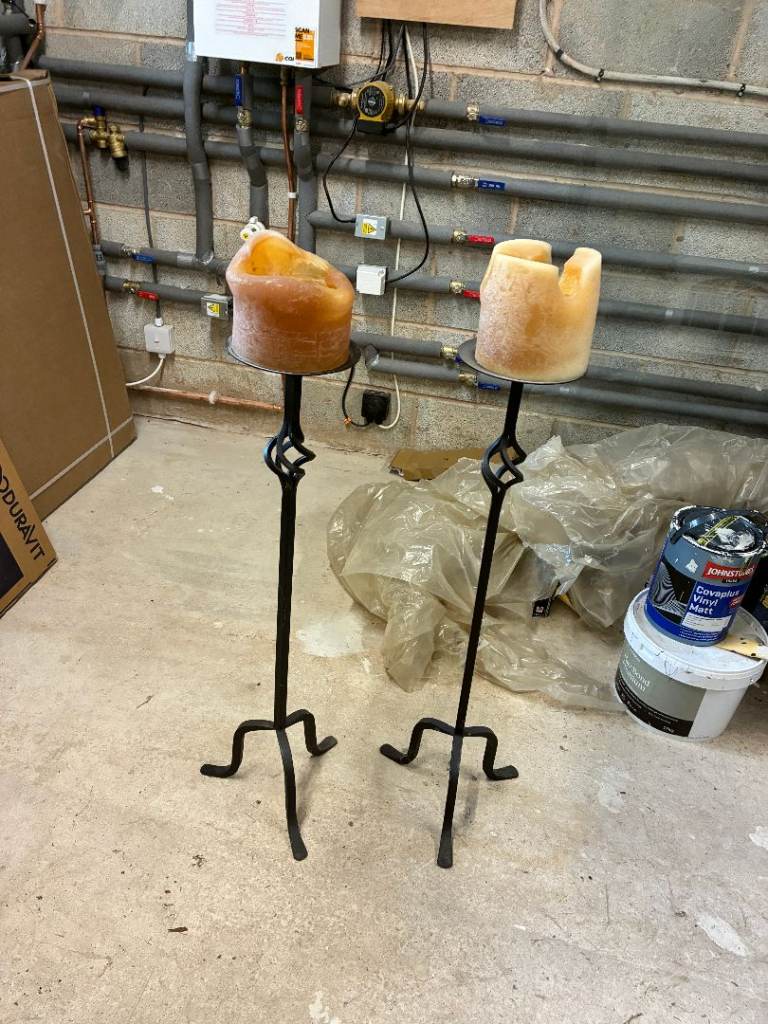 Matching Pair Of Hand-Forged Wrought Iron Floor Standing Candleholders
