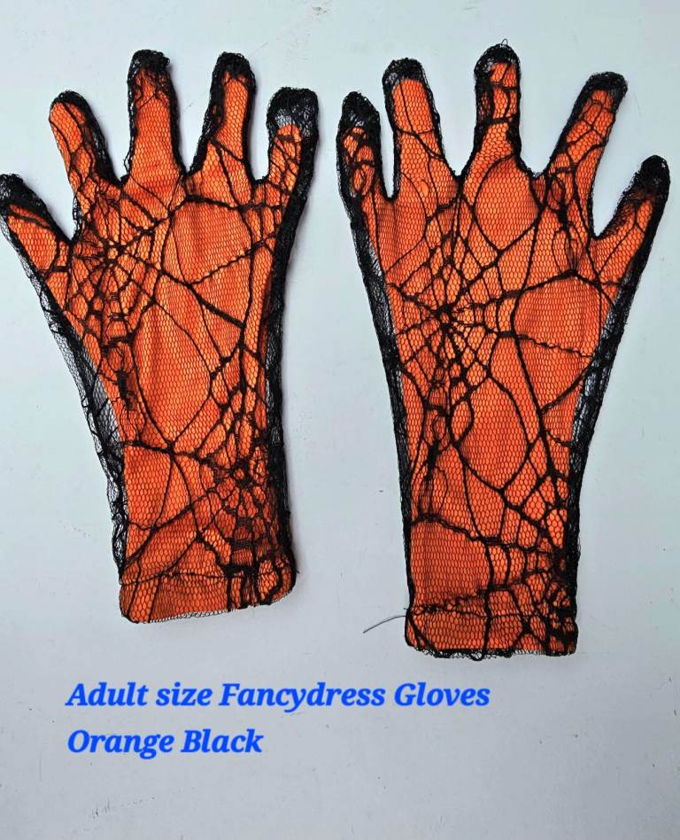 1Pr Ladies Halloween Orange Black Fancydress Gloves Adult Size M-L 