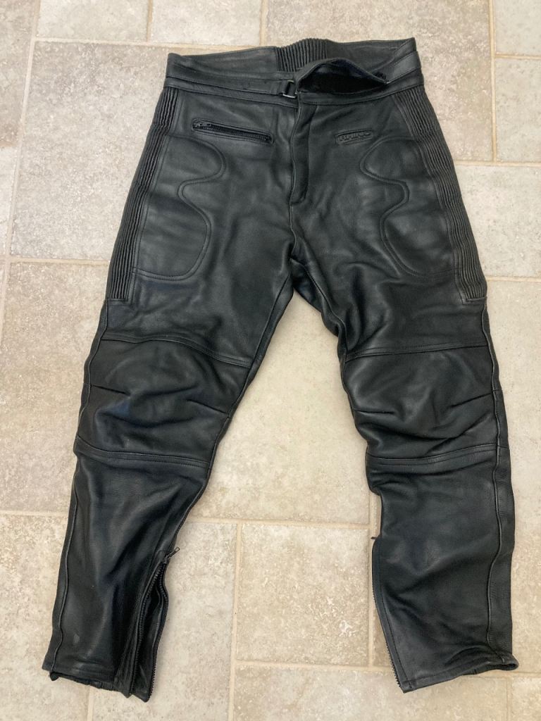 A pair of Rhino Black Leather men’s motorcycle trousers
