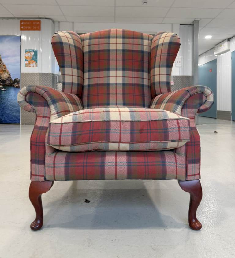 Lovely Queen Anne Style High Wingback Armchair in Red Check Fabric – Great Condition 