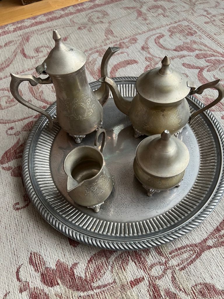 Ornate Vintage Silver Metal Tea Set with Matching Tray