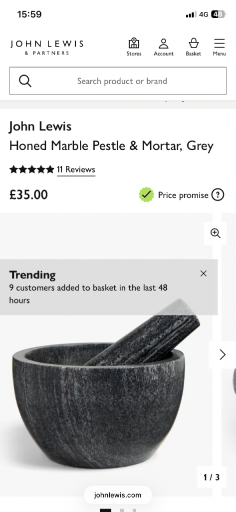 John Lewis Honed Marble Pestle and Mortar Black Brand New