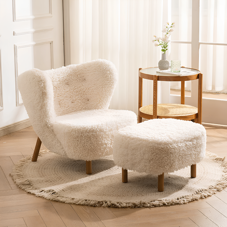 White Nordic Faux Lambswool Chair and footstool, Brand New in Box