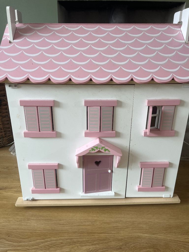 Lovely Wooden Dolls House - Pink and White, Good Condition