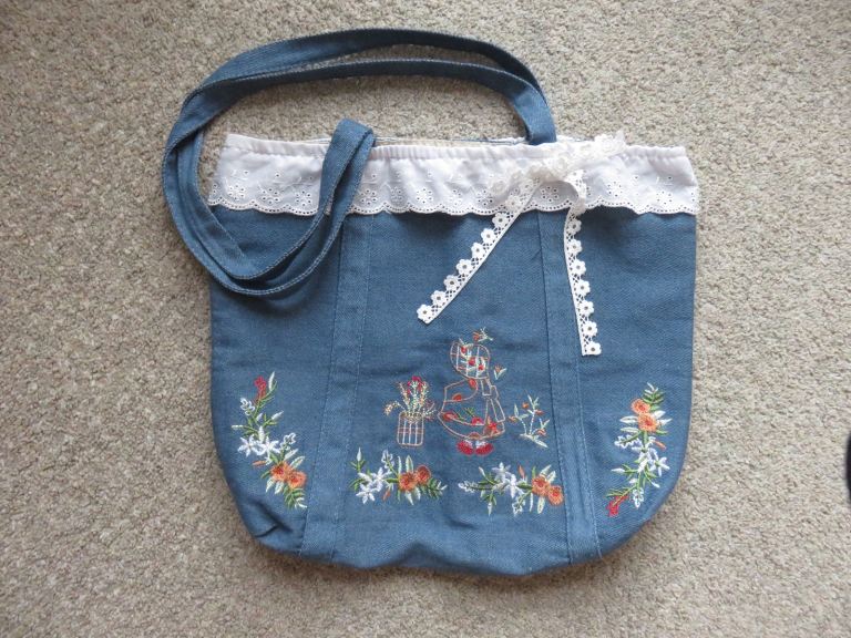 Tote - blue fabric white lace, embroidery flower girl, liner, inner pocket
