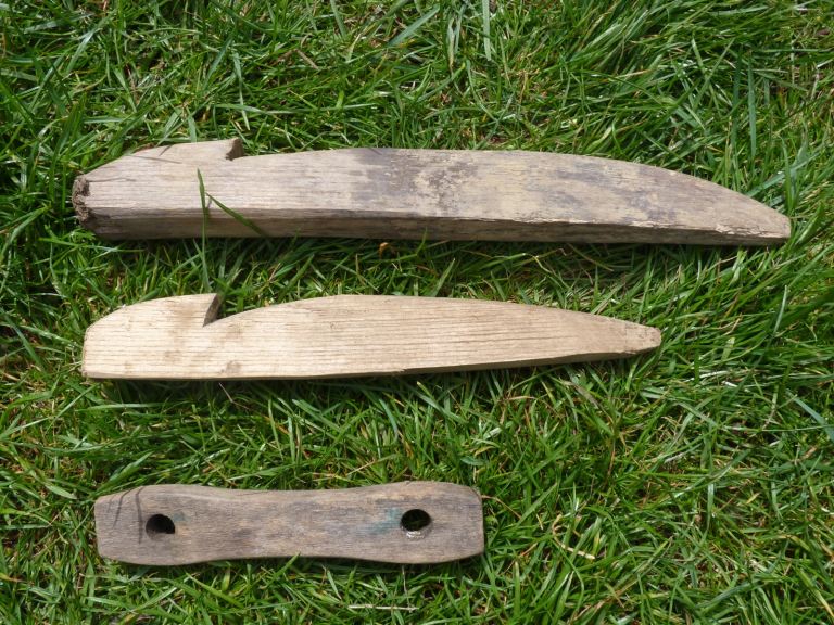 Traditional 12 inch and 9 inch wooden tent pegs and guy rope tensioners, Abingdon