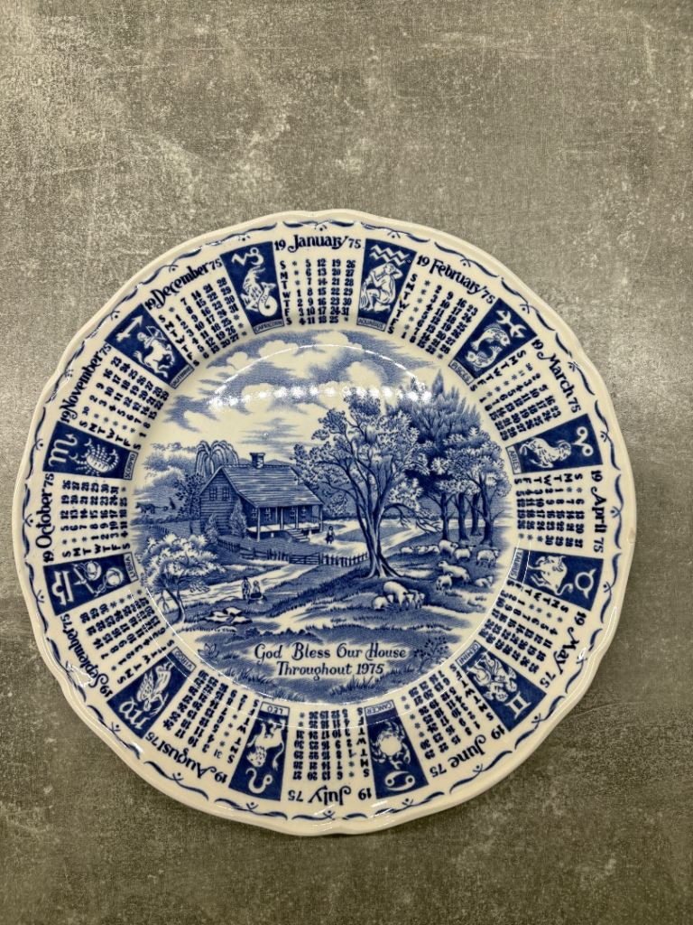 Alfred Meakin Staffordshire Blue & White Zodiac God Bless our House Throughout 1975 Calendar Plate