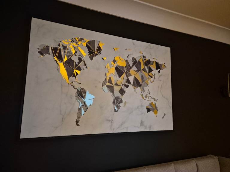 Wall art framed canvas picture of world map, black, white, gold