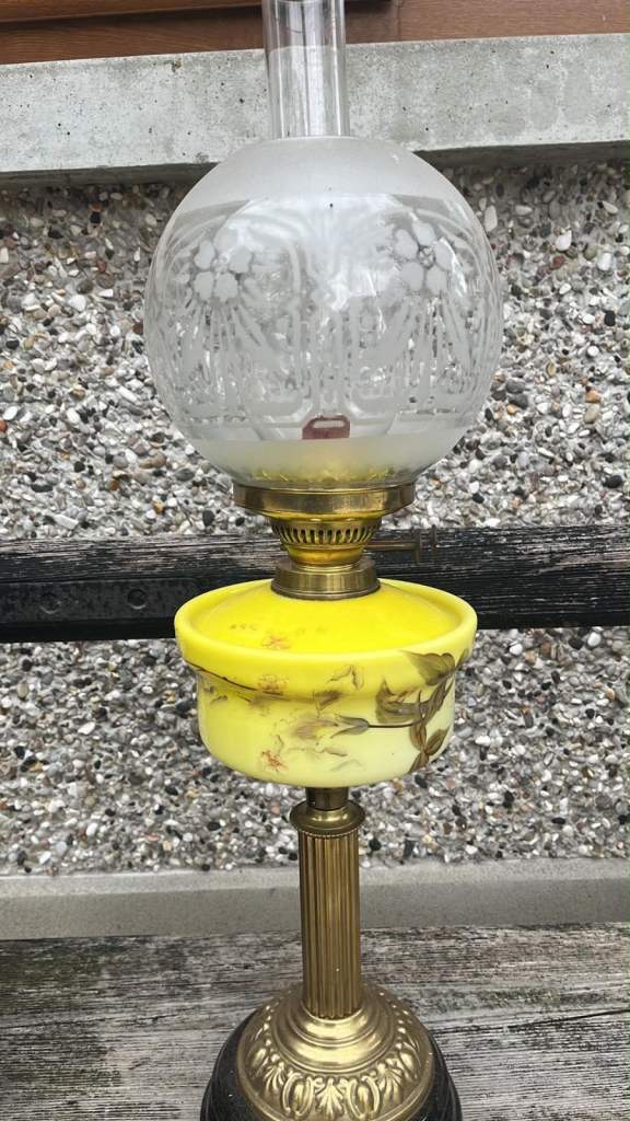 Vintage Brass and Yellow Glass Oil Lamp