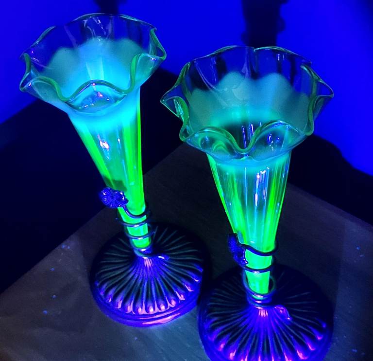 Pair of Antique Art Deco Uranium Glass Vases - 21cm Tall