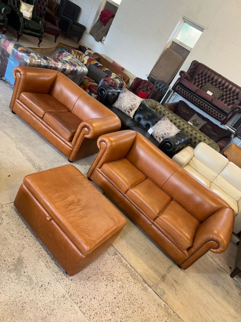Chesterfield style tan real leather 3 piece suite