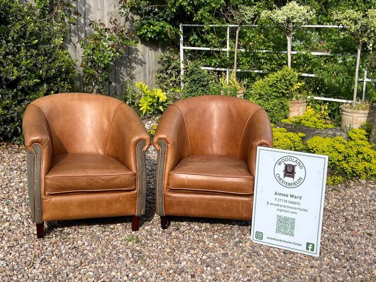 Beautiful Chesterfield Tan Leather & Tweed Club Chairs