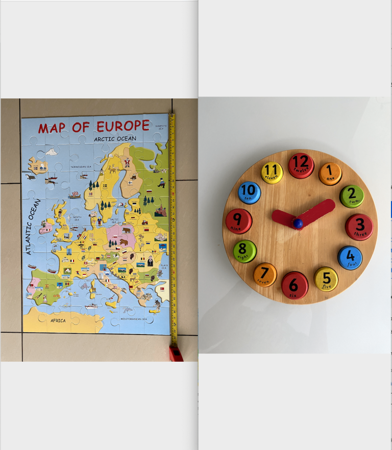 Map of Europe floor puzzle 3+, John Crane sorting and teaching clock 2+