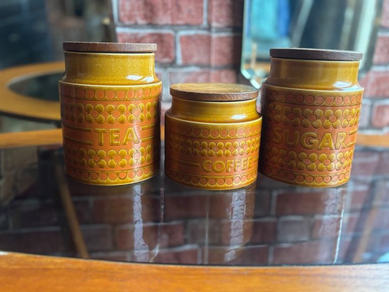 Vintage Mid Century(1977) Horsea Saffron Brown Pottery storage jars,Tea,coffee,Sugar