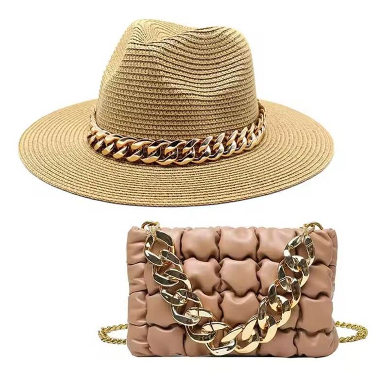 New Straw Fedora Hat And Bag Set