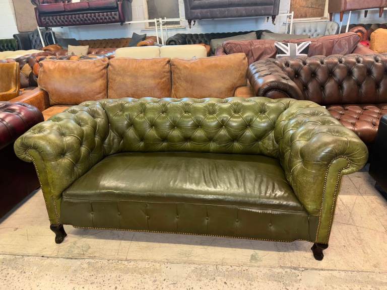Chesterfield Green Real Leather Two-Seater Sofa – Vintage Antique Deliv Poss