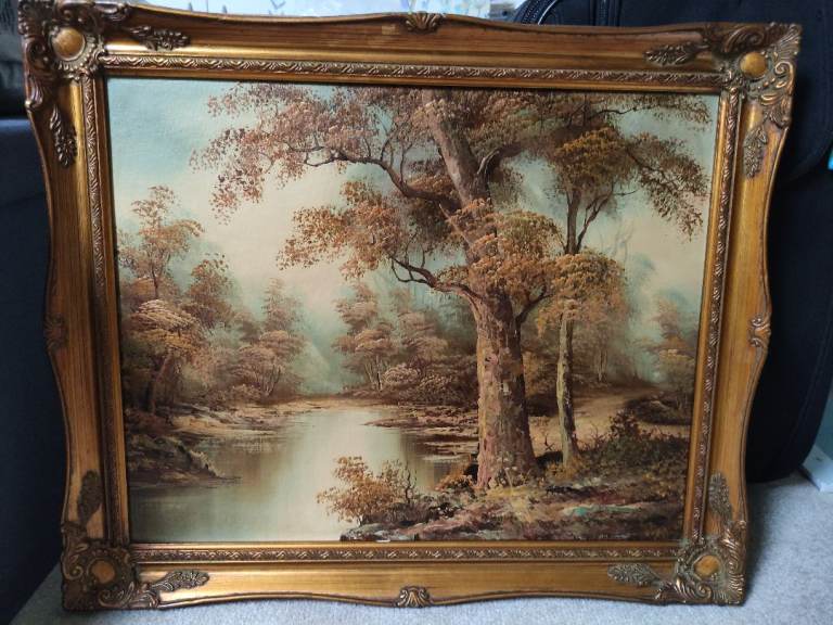 Landscape oil painting + ornate wooden frame (60x50cm)