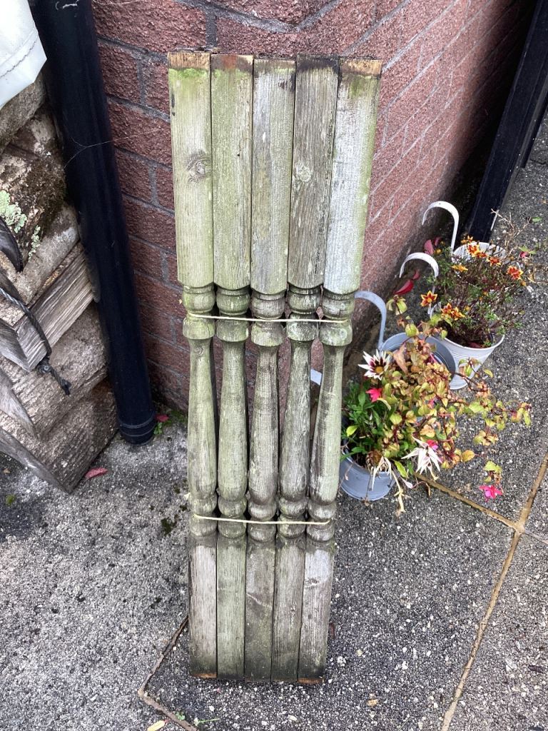 image for 62 Wooden decking spindles tanalised turned decorative.