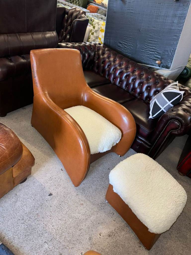 Vintage armchair & footstool FAUX leather needs TLC deliv poss 