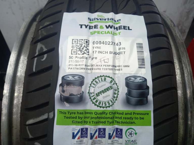 215-50-R17 95w Delmax Performpro 6mm Partworn Pressure Tested Tyres