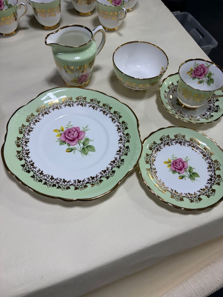 Clare Bone China Tea Set - Green & Gold Rose Pattern