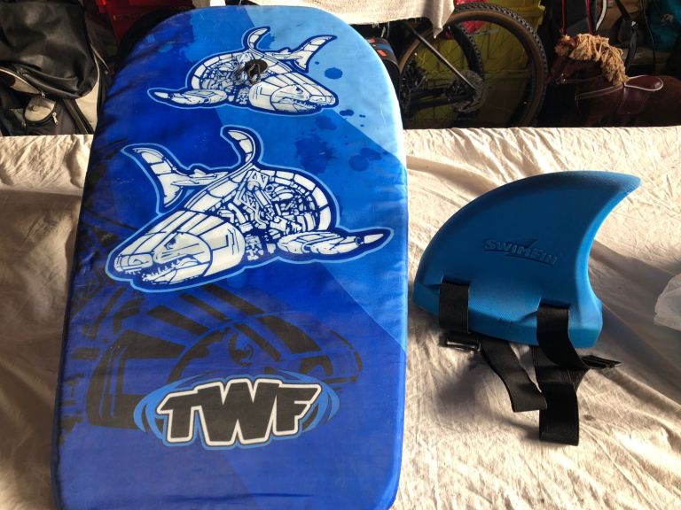Swimfin shark floatation and child’s bodyboard 