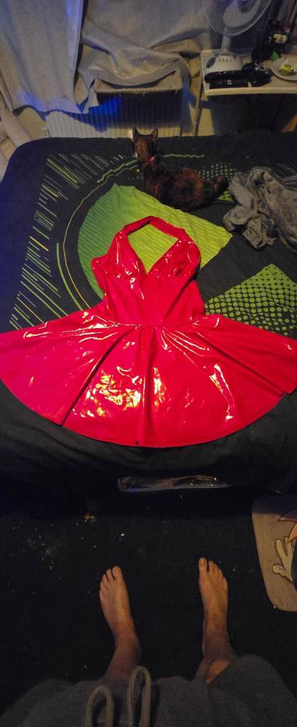 Red pvc halterneck skater dress