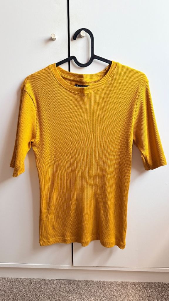 Mustard Yellow Cotton Ribbed Fitted Top – Short Sleeve UK 6-8 (XS-S)