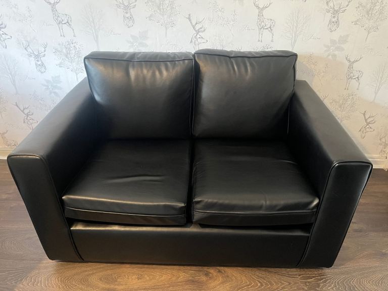 Pair of Modern Black Leather 2-Seater Sofas – Excellent Condition