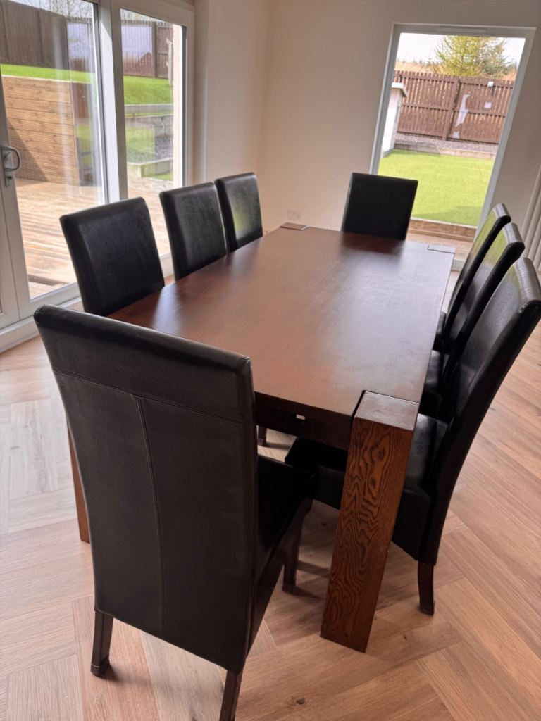 Solid Dark Wood Oak Dining Table & 8 Chairs 