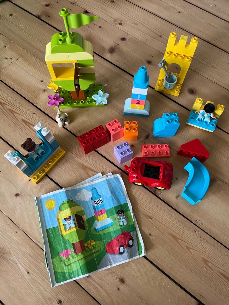 Lego Duplo tree, car, swing and sandcastle