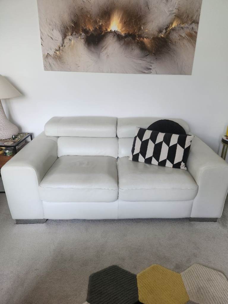 White Leather Two & Three-Seater Sofa – Good Condition