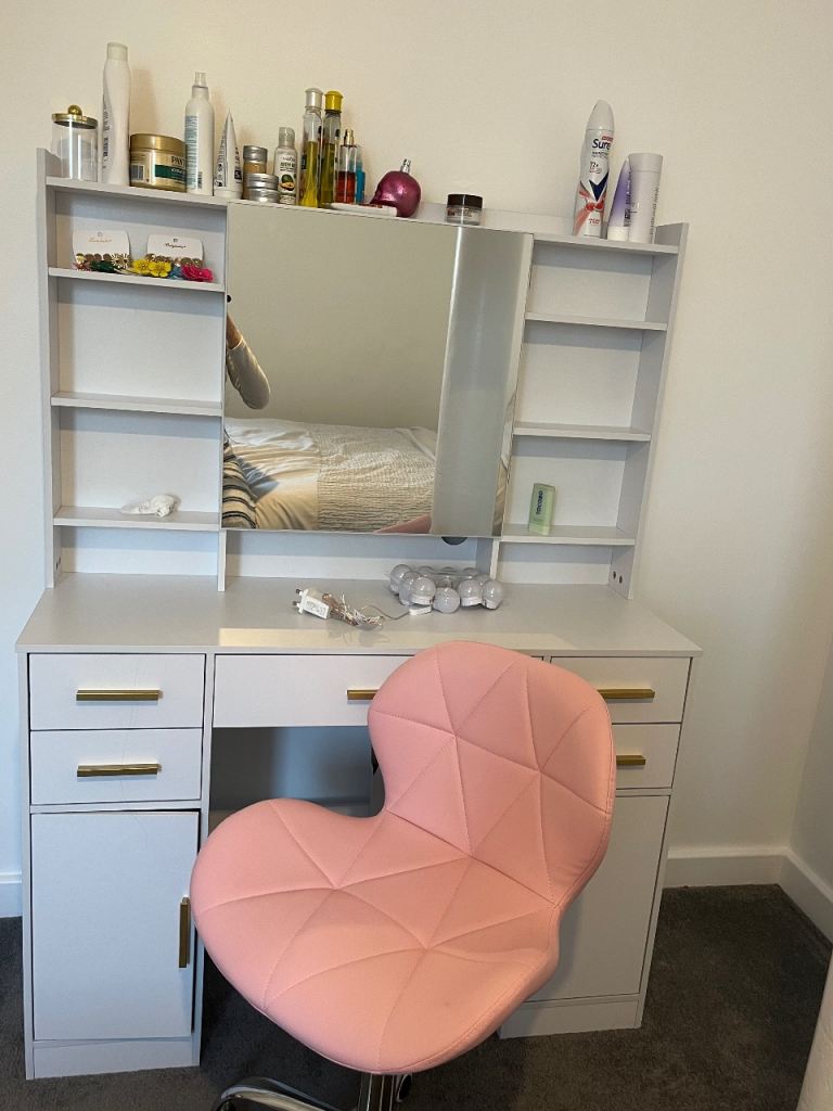 White Dressing Table + Pink Chair + LED Lights — Like New!