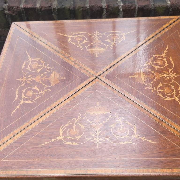 Vintage Inlaid Wooden Games Table with Drawer