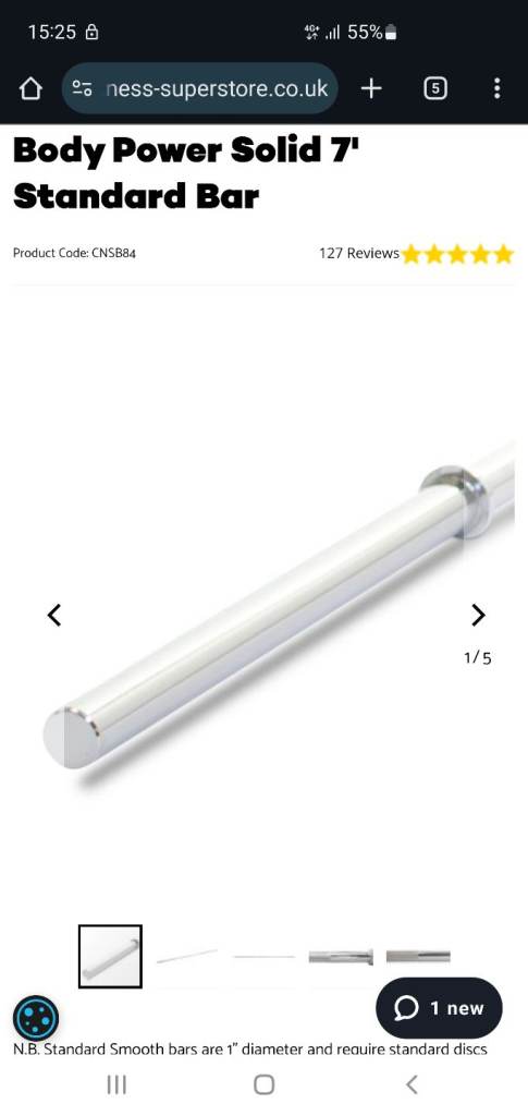 image for Standard 1 inch 7ft barbell with collars and pair of 15kg BodyMax cast iron weight plates