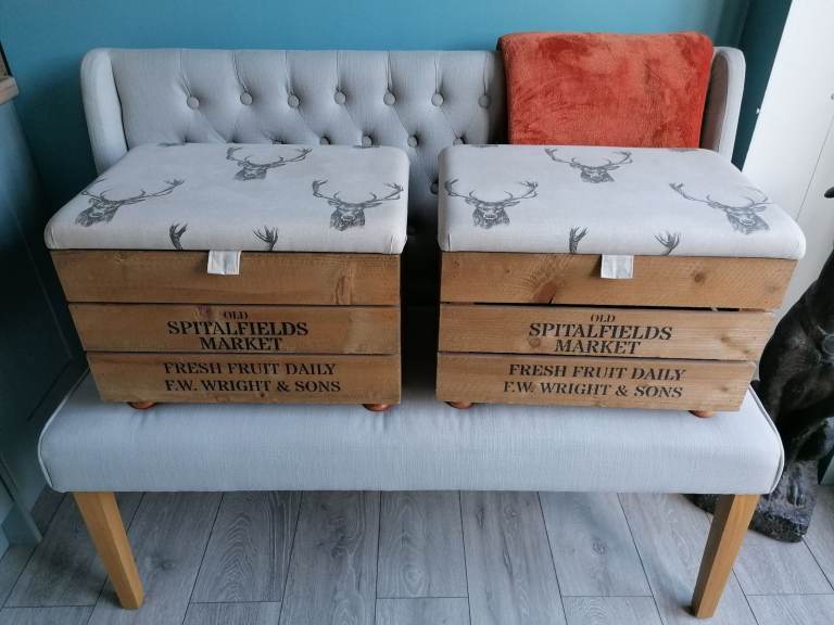 2x Wooden Crate Storage Boxes - Stag Material On The Lid