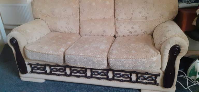 Cream Fabric Sofa and Armchair Set – Fair Condition
