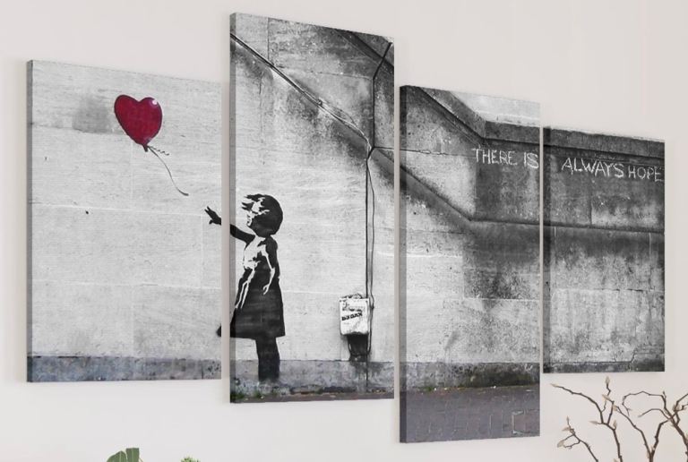 4 panel BANKSY Girl with a red heart balloon set