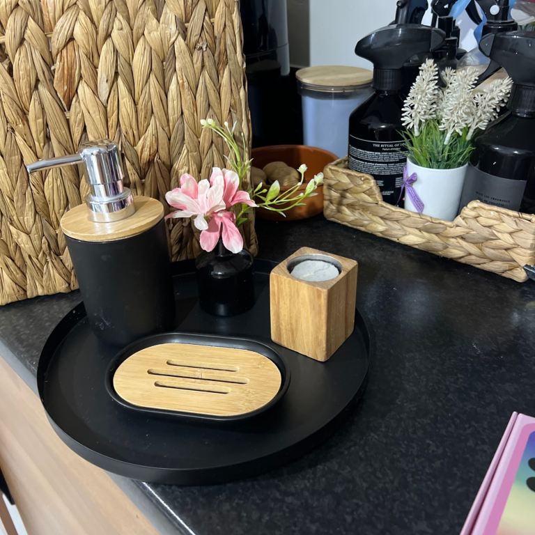 X5 Black Soap Dispenser Pump Bottle Bathroom Accessories tray candle holder & small vas 