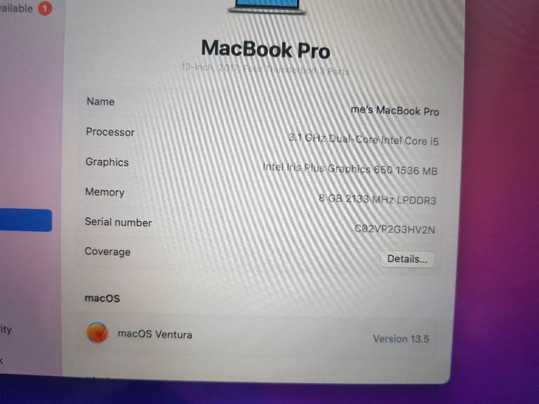 macbook pro a1706 proessor dual core intel core i5 3.1ghz 8g memory intel hd graph