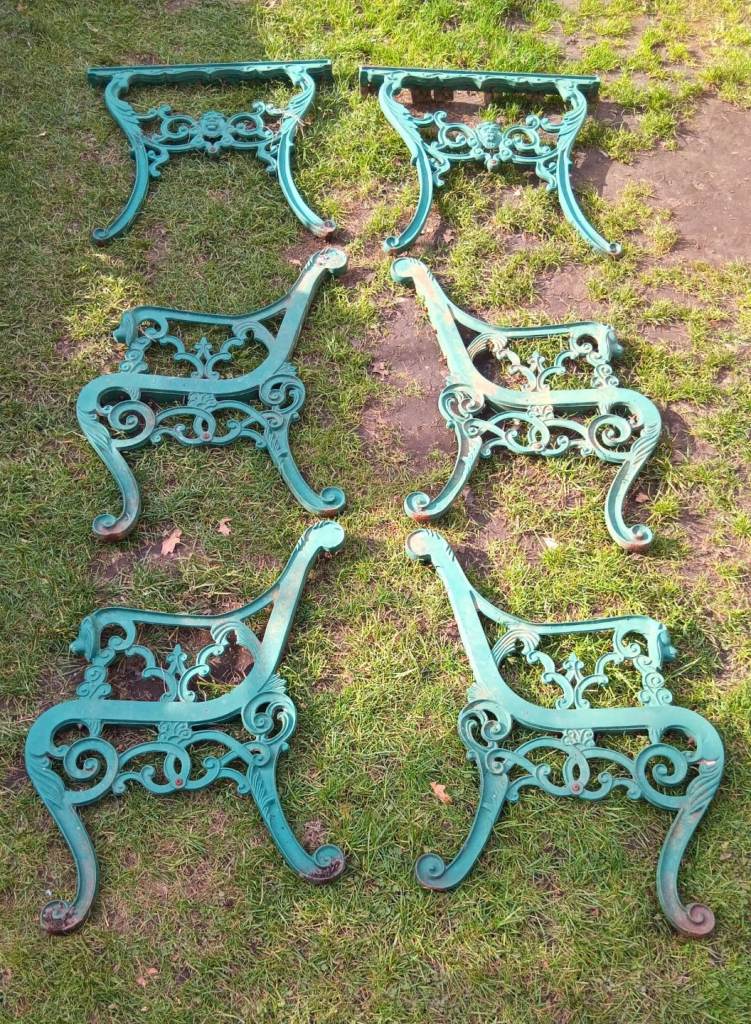 Patio Set 2 Pairs of Vintage Decorative Cast Iron Lion Head Bench Ends and Matching Table Ends
