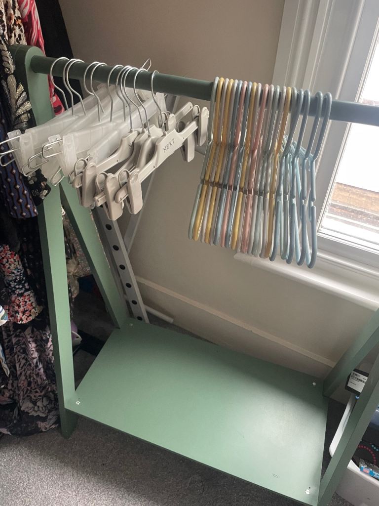 Green Wooden Clothes Rail with Shelf – Good Condition