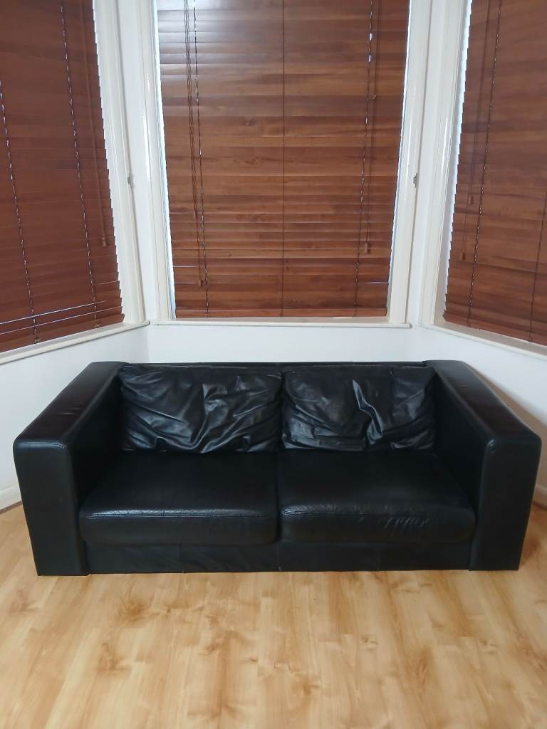 John Lewis Black Leather Sofa Real Genuine Leather 185x84x57cm Large Couch
